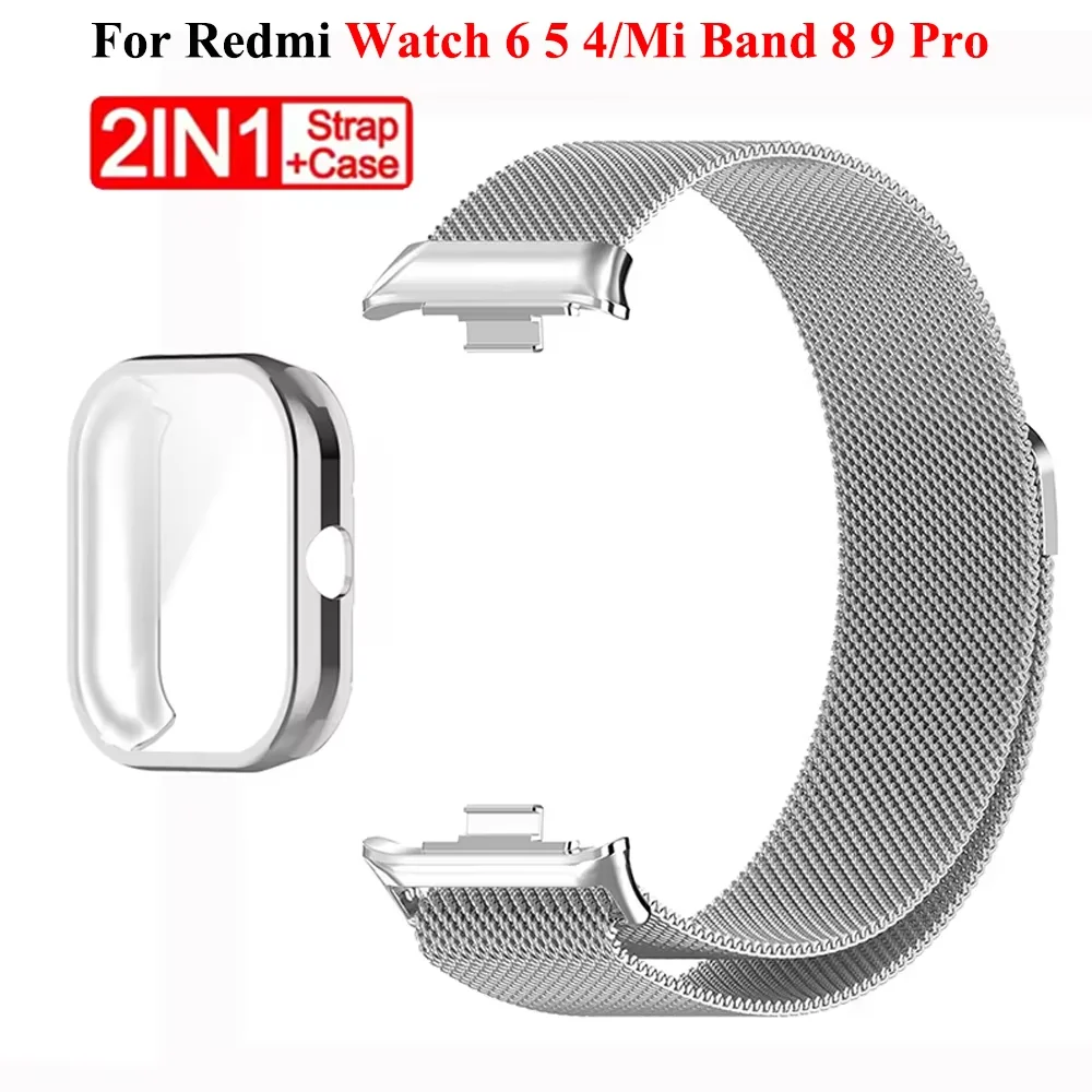 Metallarmband mit TPU-Gehäuse für Xiaomi Redmi Watch 4 5 6, Milanaise-Magnetverschluss für Xiaomi Mi Band 8Pro 9Pro, Ersatz-Uhrenarmband