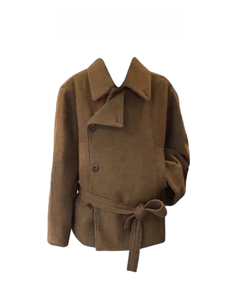 

Короткое шерстяное пальто женское с воротником-стойкой в ретро-стиле, зимняя модная твидовая куртка малого размера, повседневный стиль, свободный крой, длинный рукав