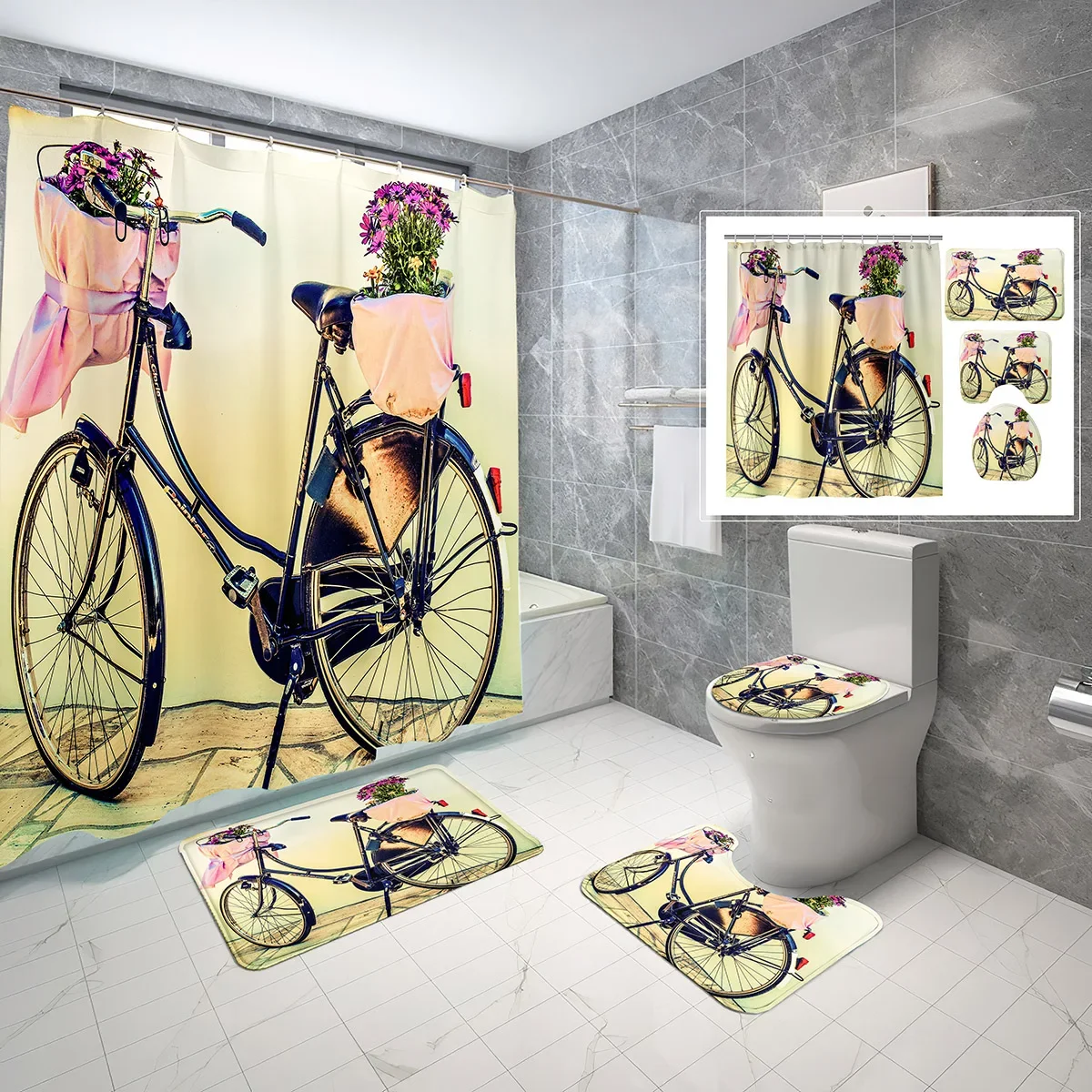 4 قطع خمر دراجة دش الستار مجموعة النباتات الخضراء الكلاسيكية الدراجة عدم الانزلاق حمام حصيرة غطاء المرحاض دش مقاوم للماء الستار مجموعات #4