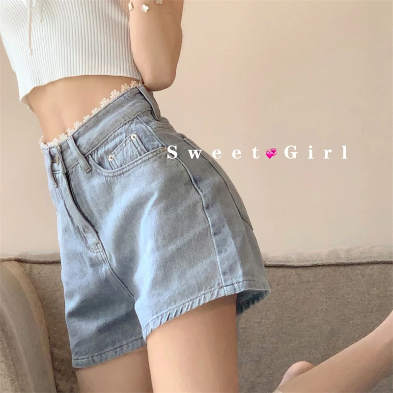 Women's Lace Design A-line Denim Shorts Summer New Sweet Girl High Waisted Sexy Hot Pant Female Wide-leg Mini Trousers