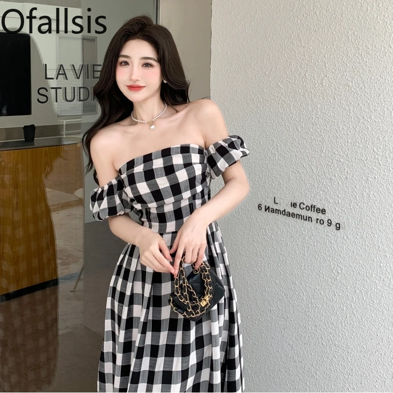 Ofallsis Off Shoulder French Style Puff Sleeve Plaid One Shoulder Dress 2024 Summer New Elegant Vintage Waist Slim Long Dresses