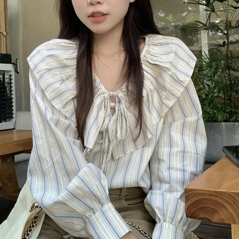 DAYIFUN Women's Blue White Striped Lace Up Shirt Ruffled Long Sleeved Pullover Girl's Loose Top Sweet Woman's Versatile Clothing