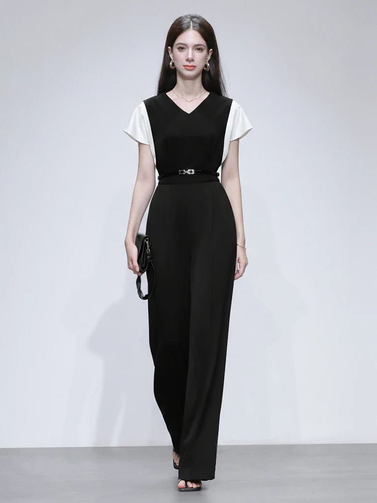 

Faionable V-Ne Wide Leg Pants Women's High Waist Trousers Bla-Piece Suit Slim Fit Contrast Color Summer New Arrival