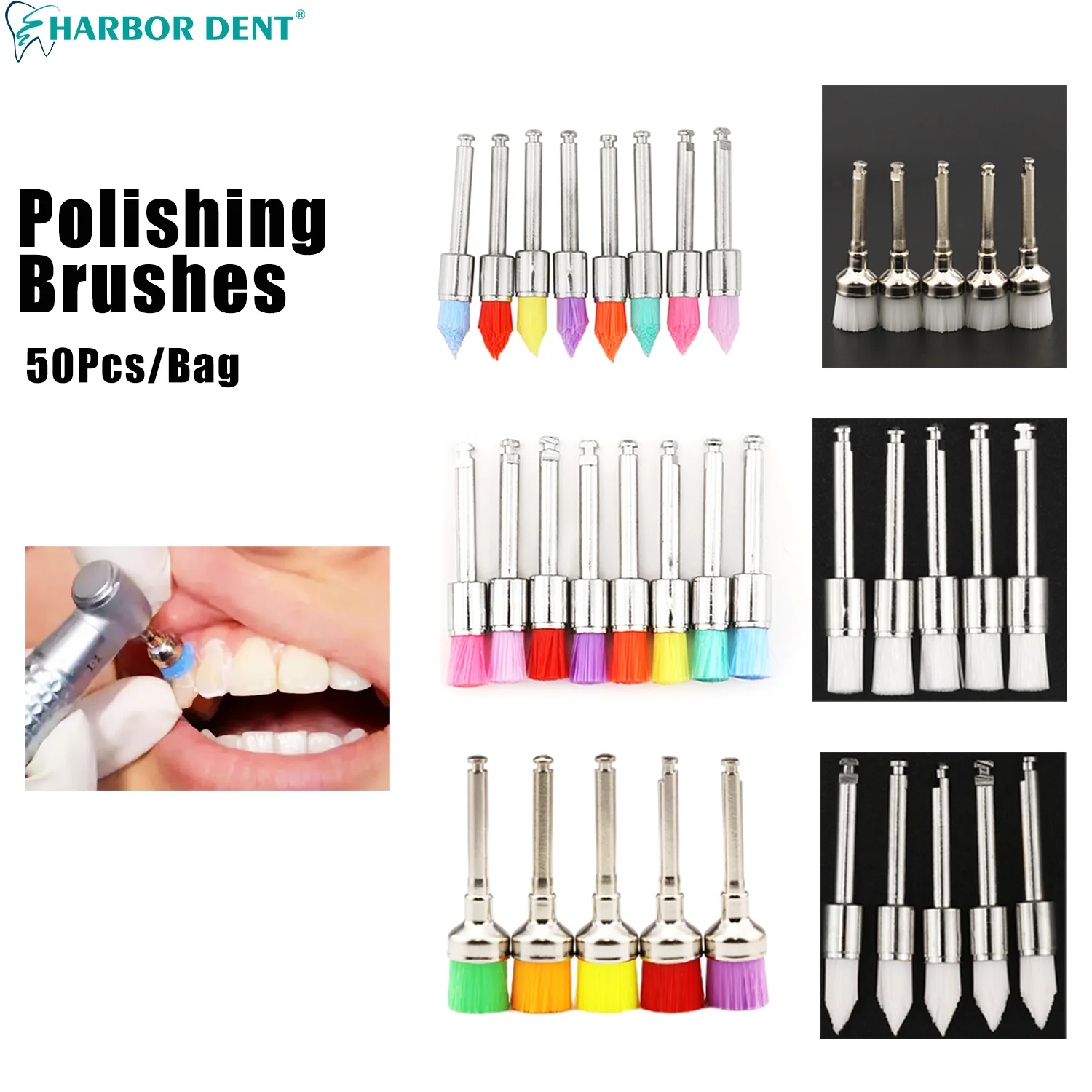 50Pcs/Bag Dental Polishing Brushes Flat/Bowl/Sharp Type Nylon Teeth Whitening Tools Disposable Dentistry Prophy Polisher