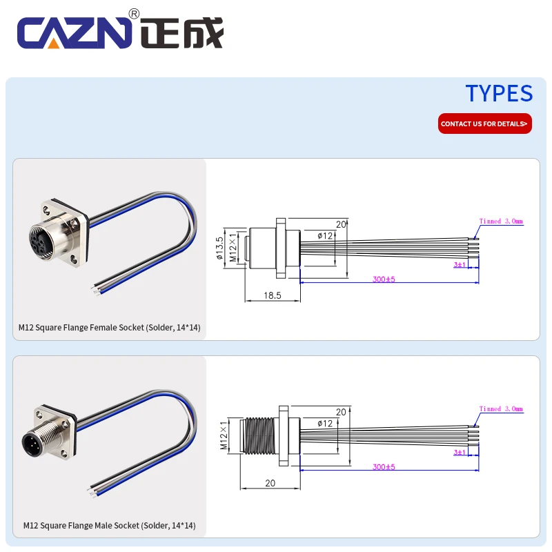 

M12 Square Flange Socket Male Female 2-17 Pins Solder Type with 30CM Wire Waterproof Connectors for Factory Use