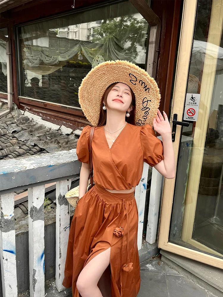 

Романтический повседневный женский комплект из двух предметов, летняя юбка-ф-юбка Ele Aosphere Faionable Cotton V-Ne ort Sve