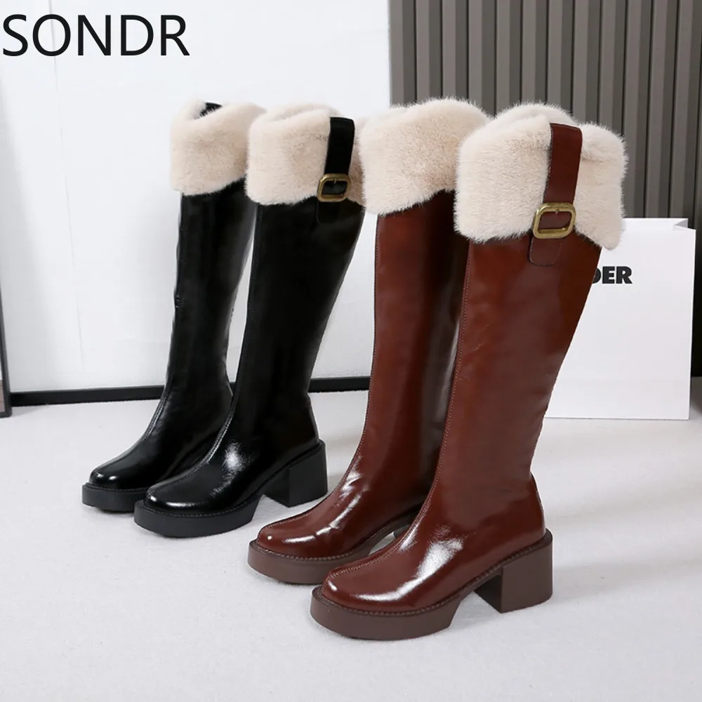 Womens Knee Thigh Boots Block High Heel Warm Winter Snow Thick Fur Liner Riding Shoes 2Styles New 2024