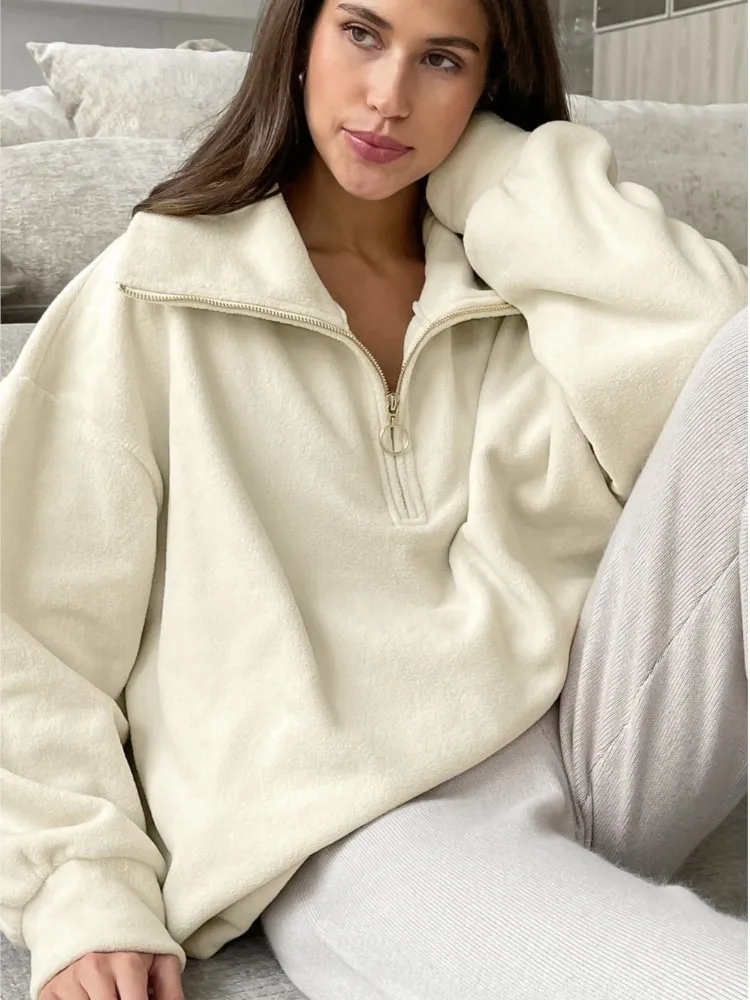 Knitted Lamb Cashmere Sweatshirt Women 2025 New Autumn Winter Beige Loose Casual Thick Warm Hoodies Long Sleeve Sports Pullovers