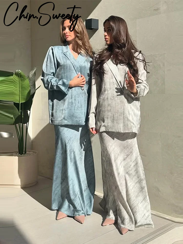 

Элегантный пиджак с принтом тай-дай, юбки, костюм для женщин, свободное пальто с длинными рукавами и лацканами на одной пуговице, длинная юбка, женский модный осенний комплект 2023 г.