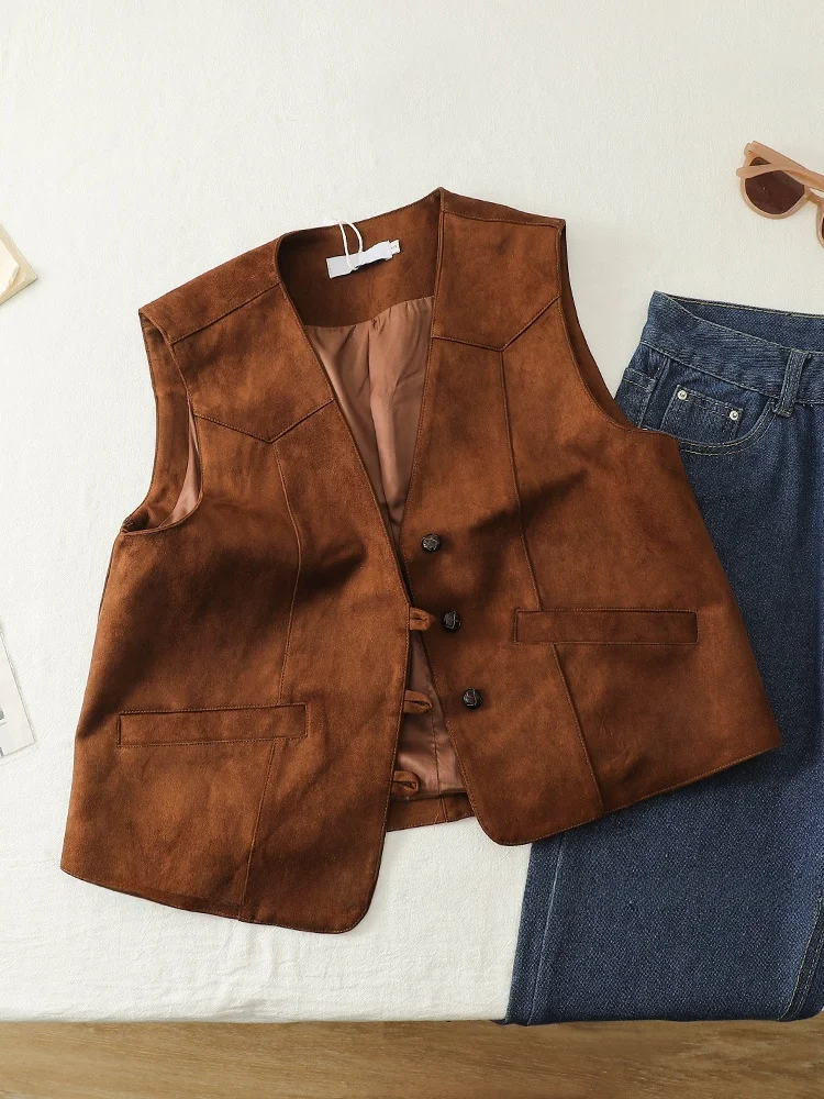 

Retro Suede Vest Outerwear Women's Spring 2025 Loose Svel oulder Pad Top Button up V Ne Regular Length Single Button