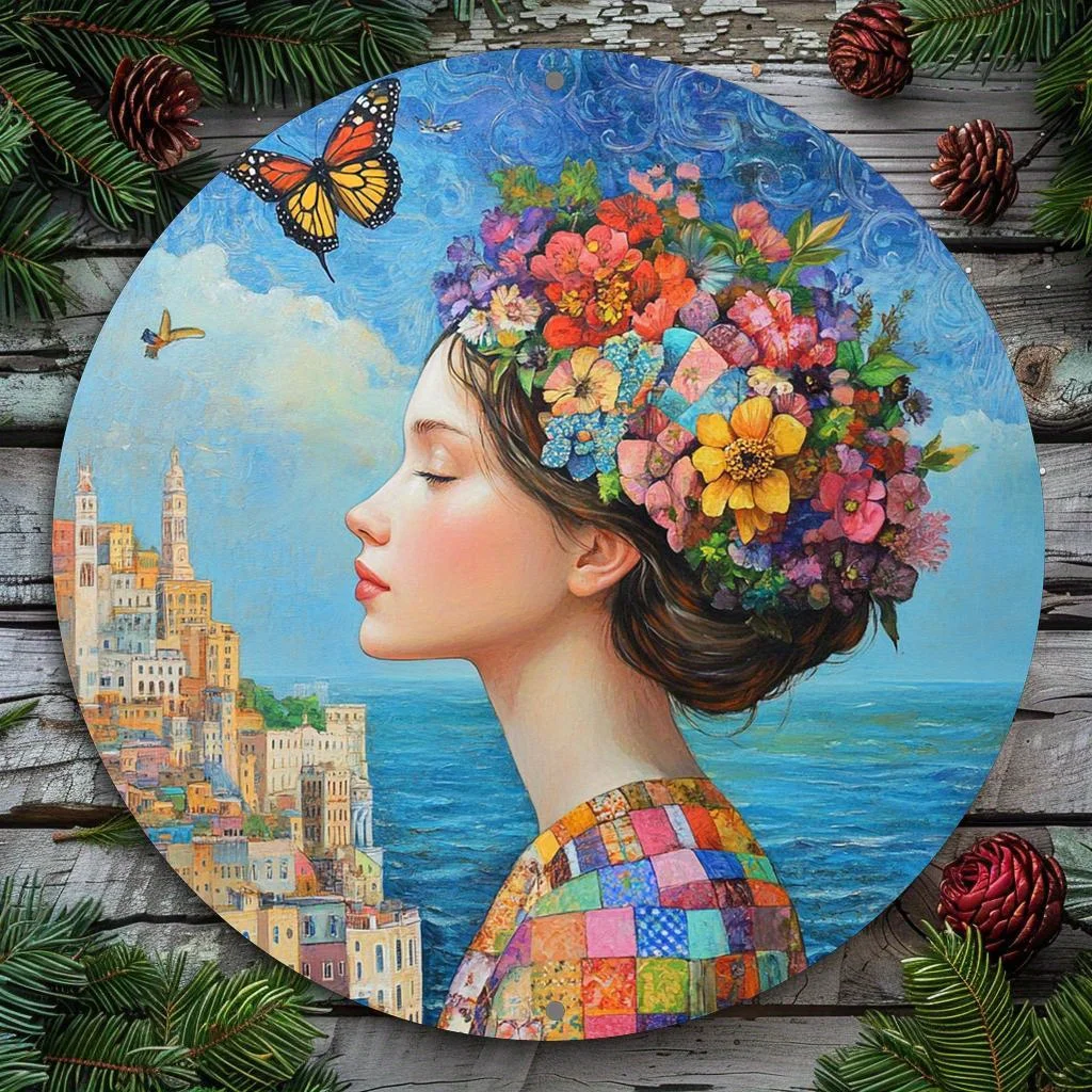 

2D Flat, 1pc Round Aluminum Metal Wall Art Plaque - 8x8 Inch Floral Girl & Butterfly Design, Vibrant Colors, Durable Fade-Resist