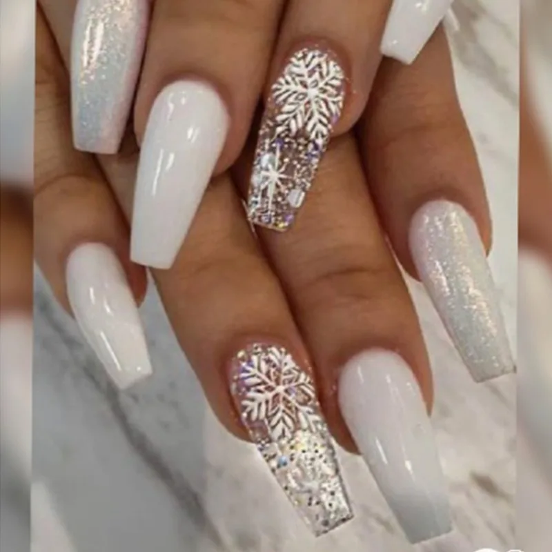 24 Teile/satz Schneeflocke Französisch Falsche Nagel Tipps Matte Volle Abdeckung Lange Ballerina Sarg Gefälschte Nail art Abnehmbare Drücken auf Nägel Kits