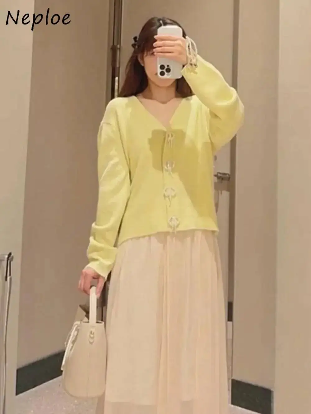 

Повседневный вязаный кардиган средней длины с v-образным вырезом, универсальные тонкие свободные свитера с бантом, новинка Японии, винтажные Pull Femme в стиле меньшинств