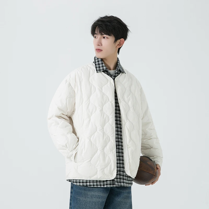 Men Down Jacket Lattice Turndown Collar Outdoor Riding Warm Puffer Jacket Leisure Streetwear Windproof Winter Coat