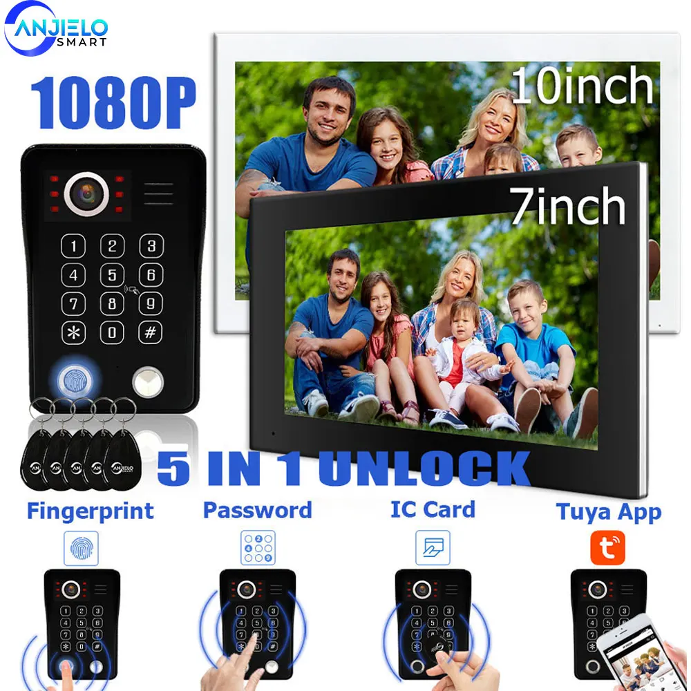 ANJIELO отпечаток пальца 5в1 разблокировка Wi-Fi дверной звонок видеодомофон для домашнего домофона Tuya Smart 1080P монитор безопасность защита