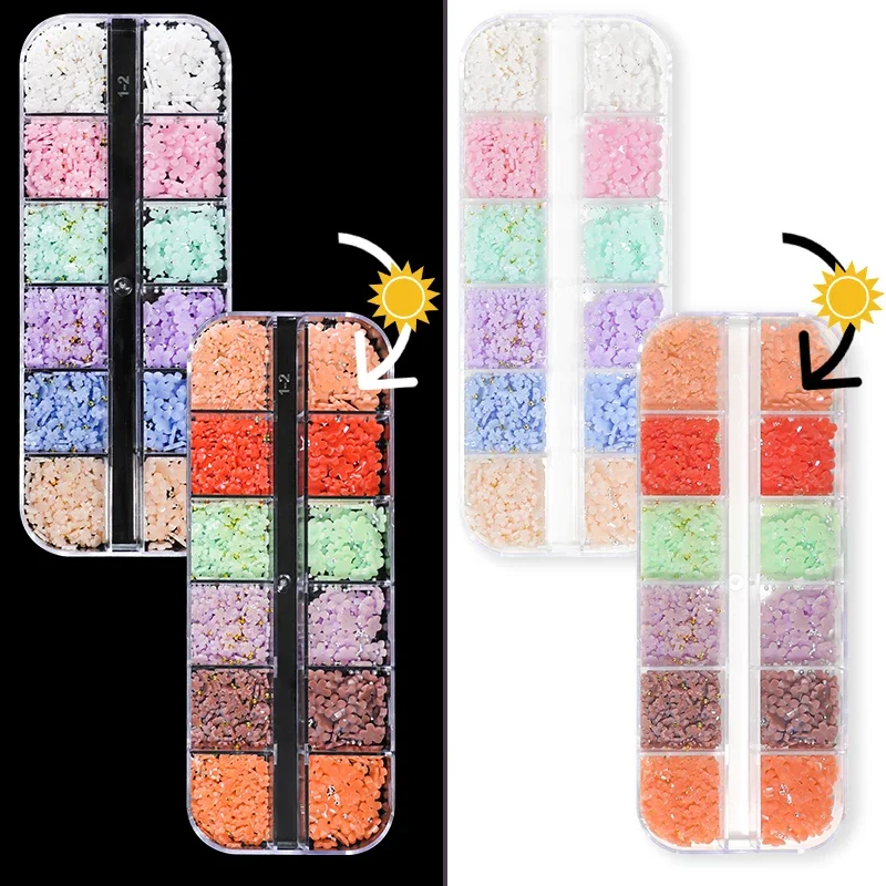 12 Gitter Farbwechsel Acryl Blume Nail Art Dekor lichte mpfindliche Makronen Blümchen 3d Zubehör Kit Nägel Dekoration Lieferungen