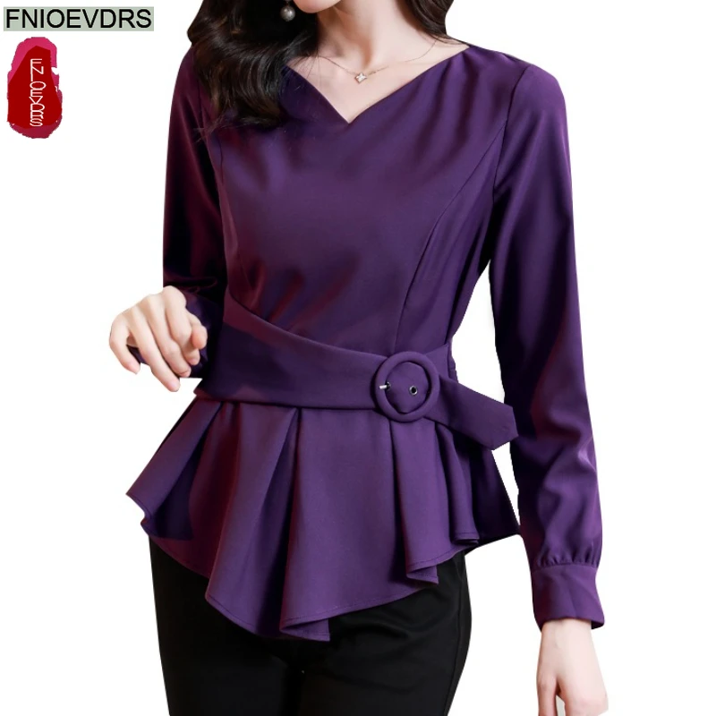 우아한 퍼플 탑 블라우스 새해 패션 여성 오피스룩 솔리드 긴팔 V넥 슬림 웨이스트 벨트 레이스업 베이직 셔츠
