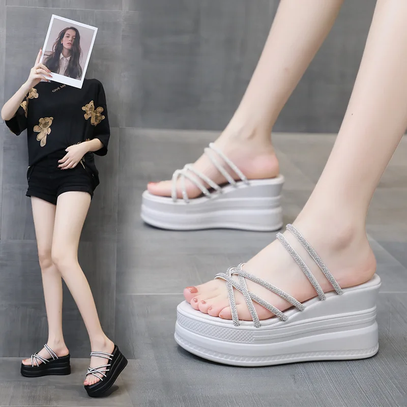 Slope Heeled Slippers Women Outside 2023 New Summer Fashion Bright Diamond Versatile Thick Sole Sponge  Slipper  Women Shoes