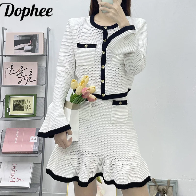 

Dophee 2024 Fashion Lady Two-piece Set Contrast Color Flare Sleeve Knitted Cardigans Crop Top+Slim Short A-line Mini Skirt Suits