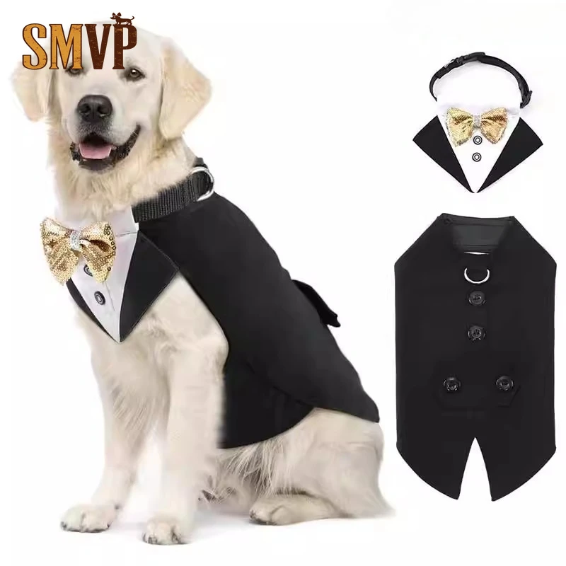 

Spring and Summer New Tuxedo Suit Dress with Shiny Bow Tie Handsome Gentleman Style Suitable for Small Medium and Large Dog