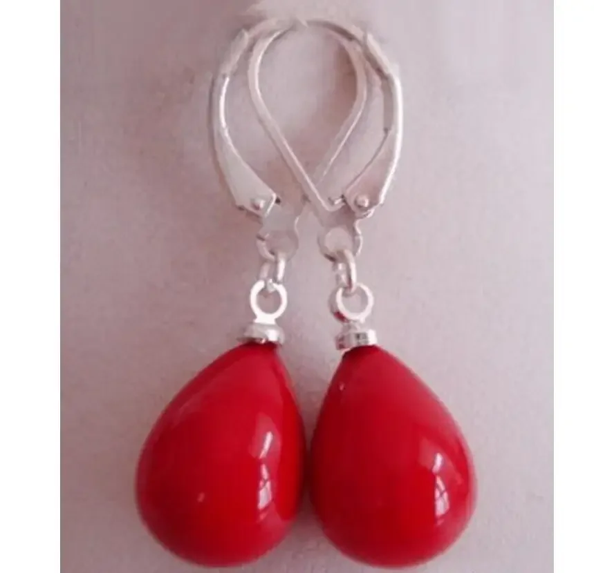 Red Coral Drop 18KWGP Hook Earrings