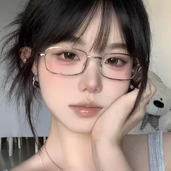 Metal Square Framed Glasses Women Girl Exquisite Retro Narrow Framed Eye Glasses Daily Simple Versatile Anti-Blue Glasses Gift