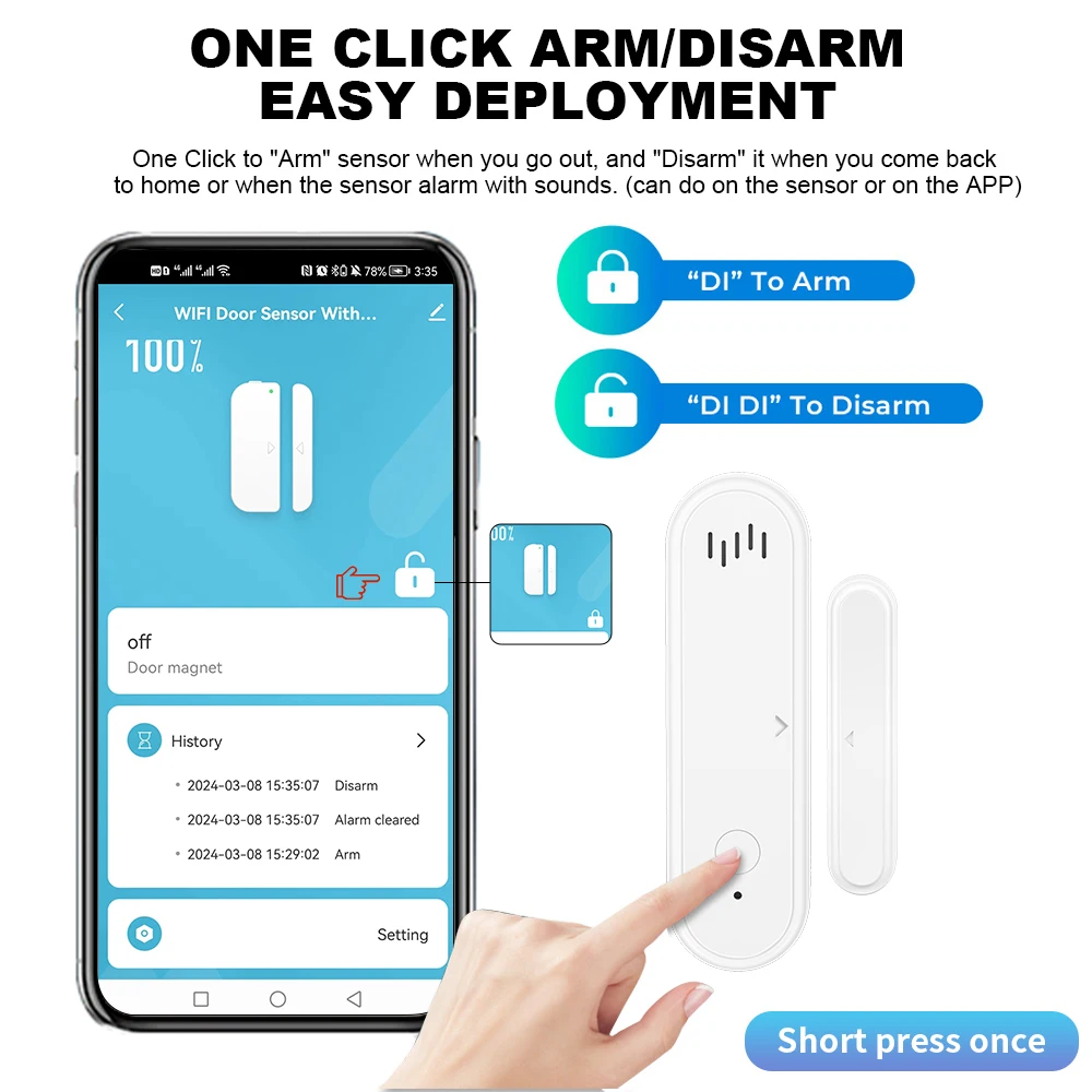 Tuya WiFi Door Window Sensor 80dB Sound WiFi Security Alarm Door Open Closed Detectors APP Remote Control Support Arm and Disarm
