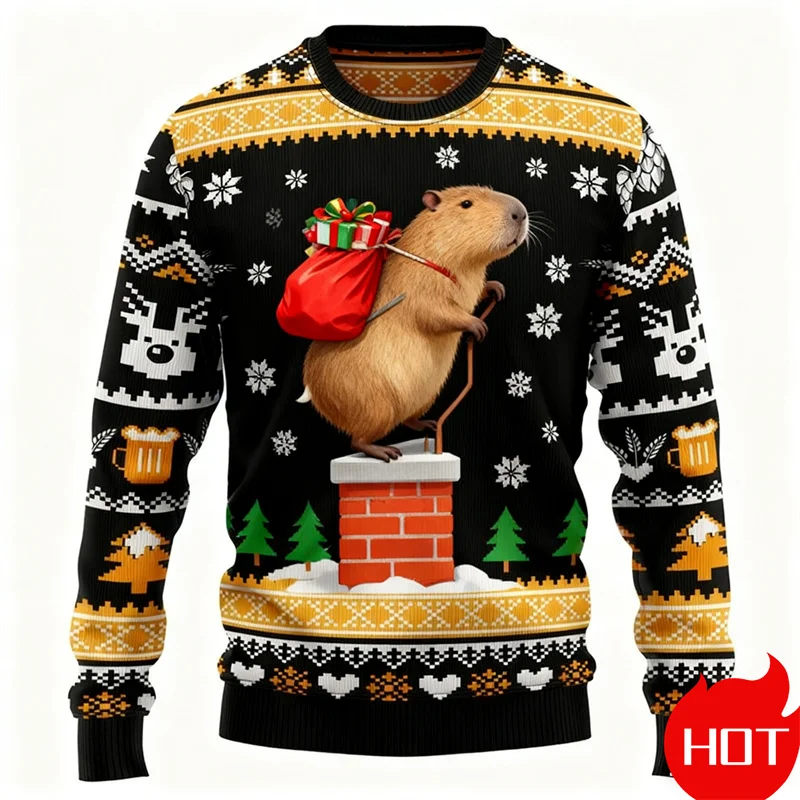 

Capybara Gives Gifts Print Ugly Christmas Sweater Festival O-Neck Xmas Sweatshirt Casual Fitness Capybara Pullover Sweater 2025