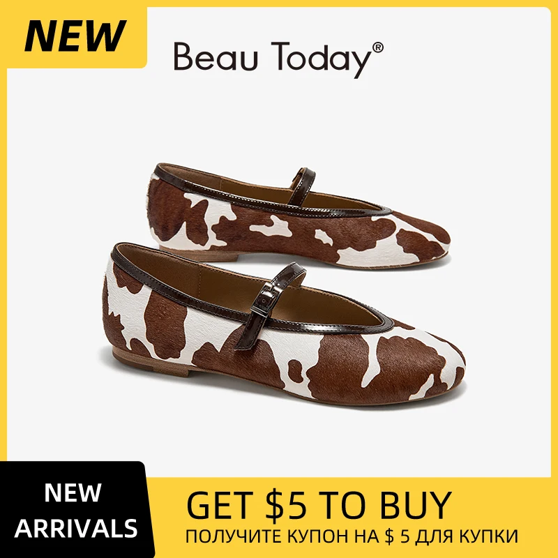 

BEAUTODAY Mary Janes Women Cow Fur Mixed Color Round Toe Casual Shallow Flats Buckle Strap Ladies Ballet Shoes Handmade 28726