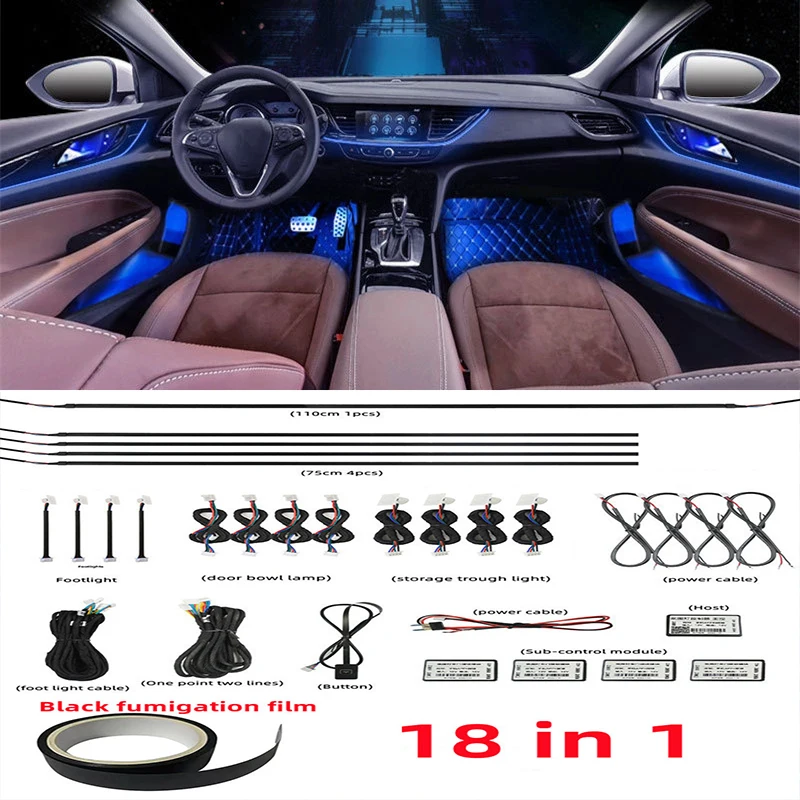 18 in 1 Ambient Light For Car Interior 64 Color Breathe Dashboard Door Decoration LED Strip Lights RGB Bluetooth App Control 12V