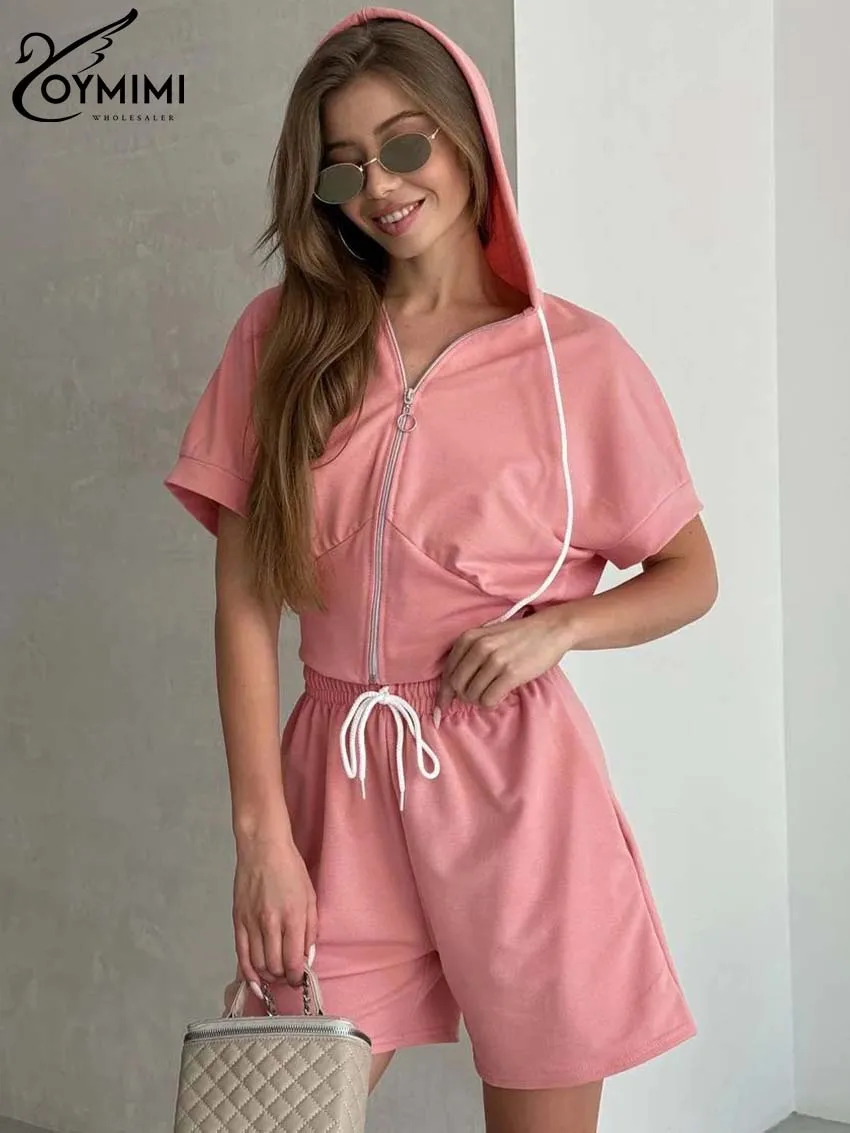 

Oymimi Fashion Orange 2 Piece Sets Women Outfit Elegant Hooded Collar Short Sleeve Zipper Shirts + Drawstring Shorts Female Sets