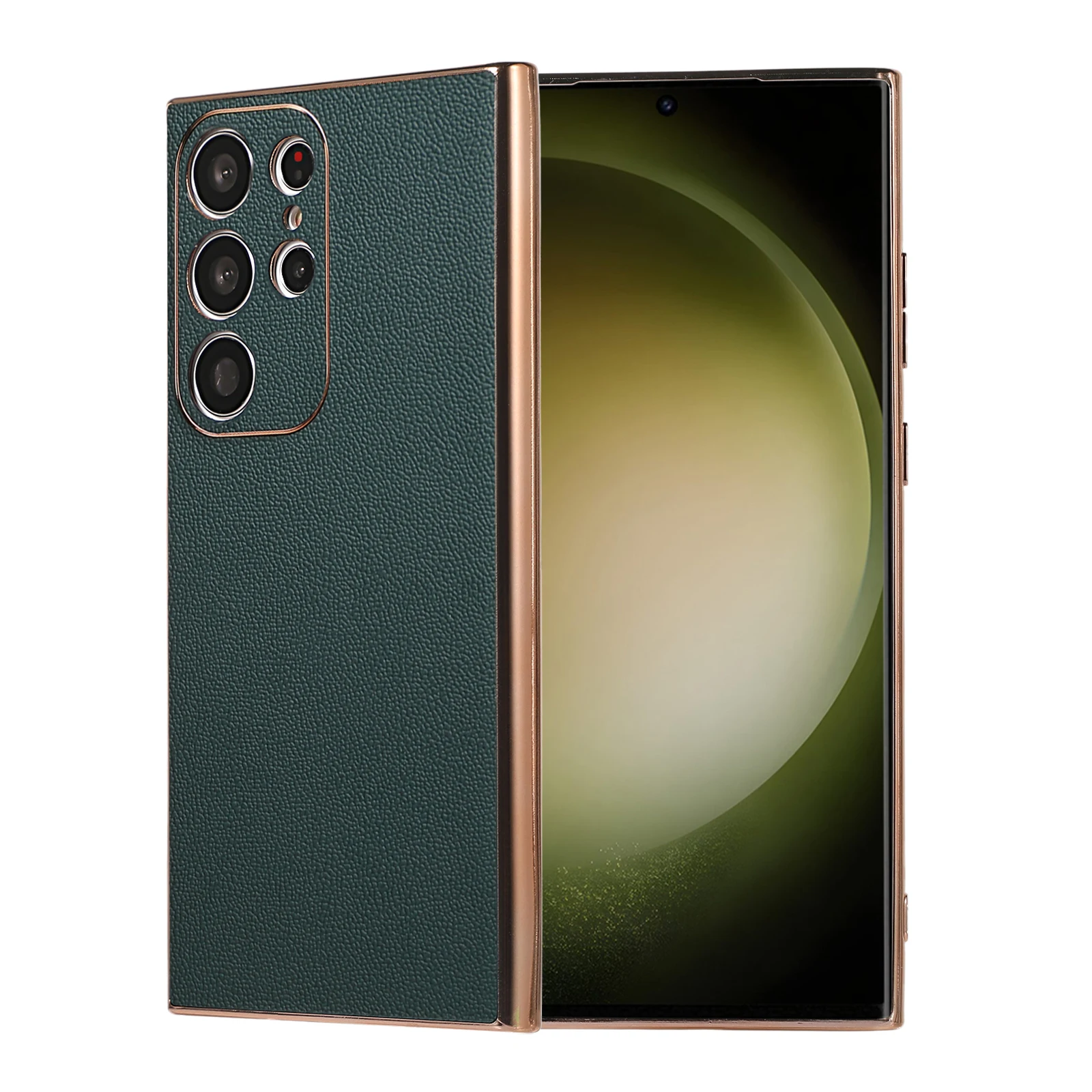 Retro Genuine Cowhide Leather Phone Case for Samsung Galaxy S23 Ultra Business Litchi Pattern Glossy Frame Armor Back Cover