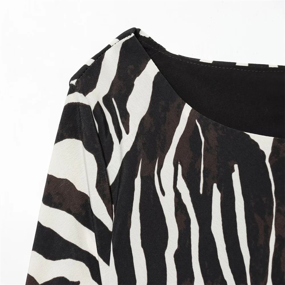 欧米風秋新作レディース服レトロ気質シンプルゼブラ柄フレアスリーブワンピース