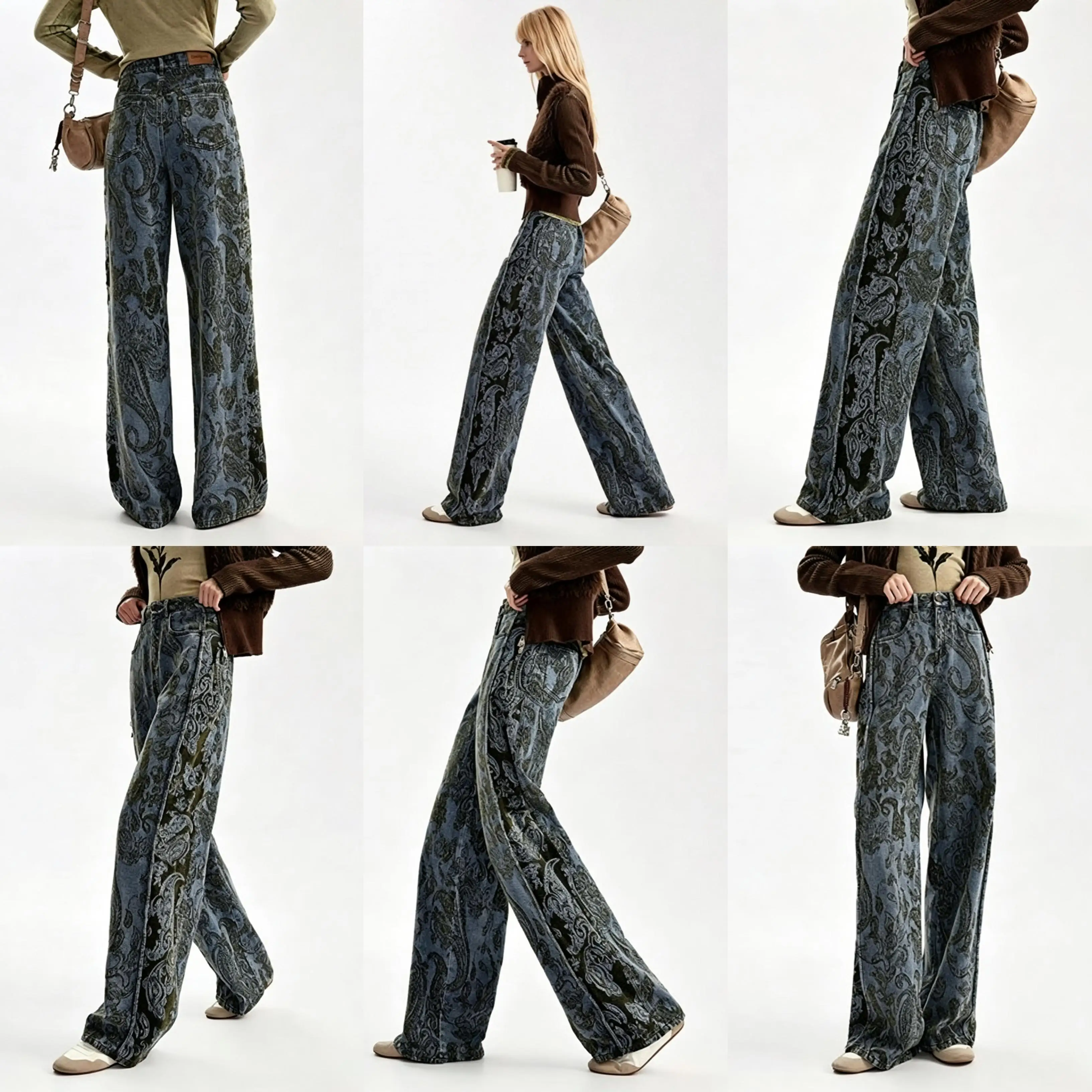 2026 Spain Autumn/Winter New Product Cashew Flower Jacquard Side Splicing Wide Leg Women's Jeans