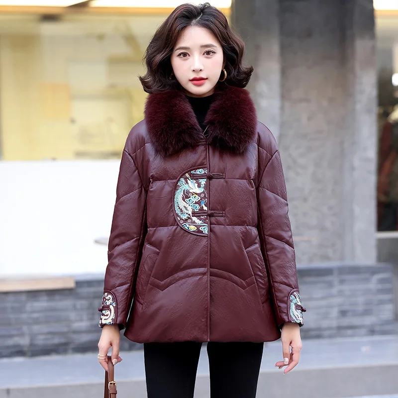 

New Women Autumn Winter Chinese Style Leather Down Jacket Fashion Fox Fur Collar Frog Loose Down Jacket Casual Thick Warm Coat