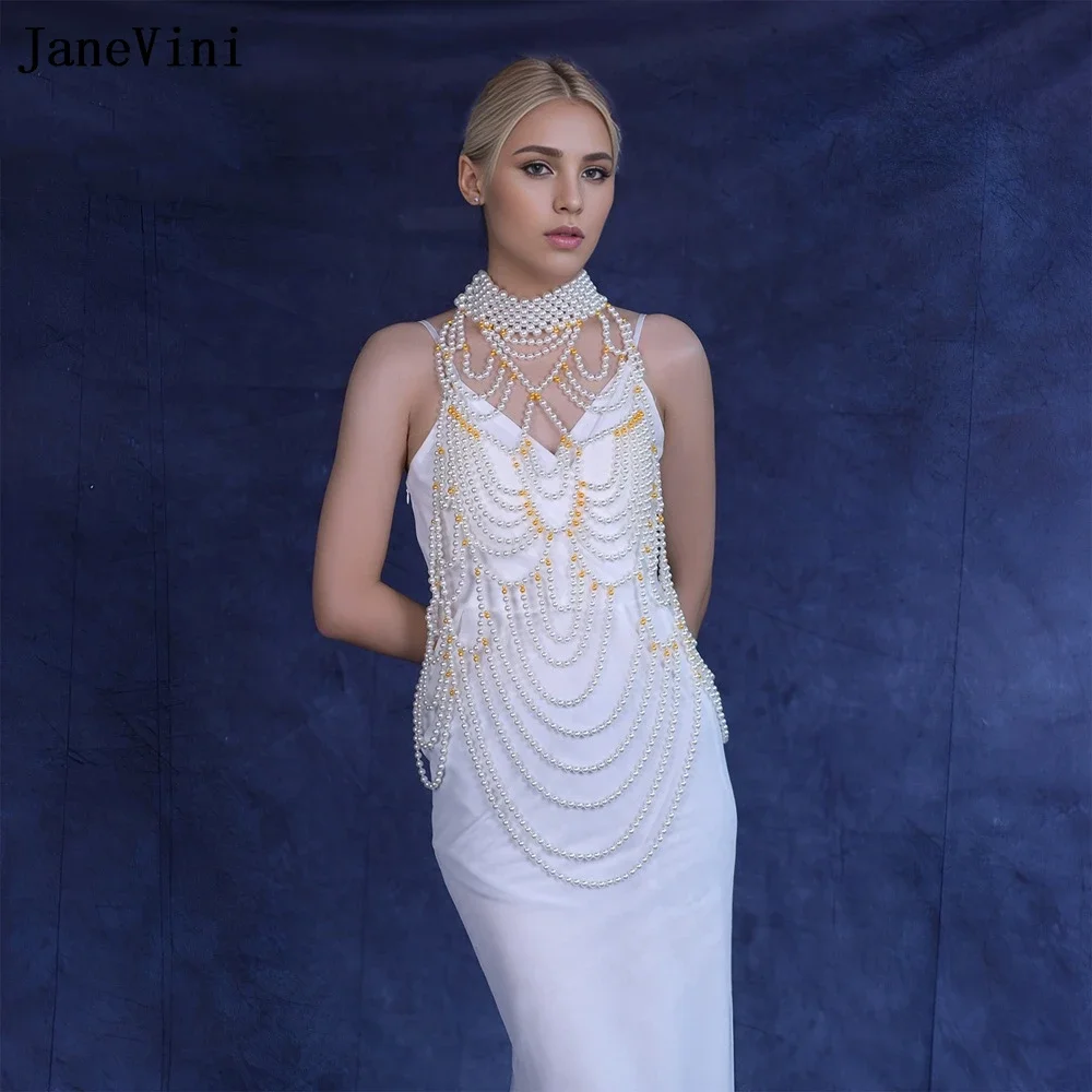 JaneVini Vintage Women Beaded Bridal Cape Pearls Body Chain Plus Size Adjustable Necklaces Wedding Shawl DIY Dresses Accessories