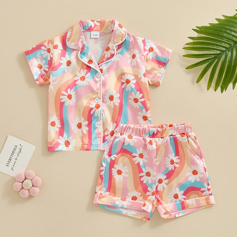 

Kid Toddler Girls Silk Pajamas Set Short Sleeve Button-Up Shirt Tops Loose Shorts PJs Set Sleepwear