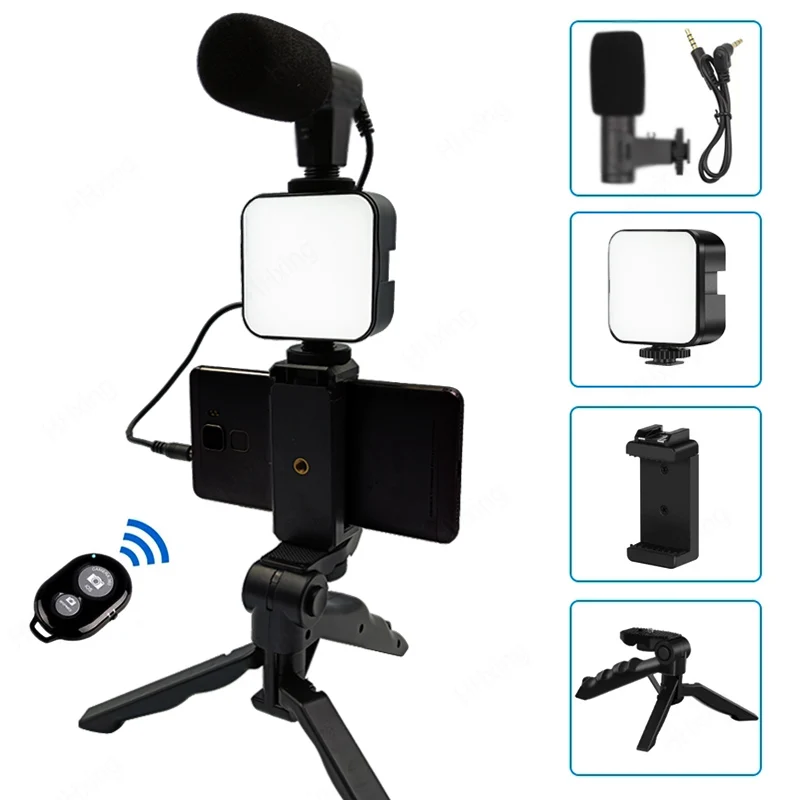 Smartphone Video Kit Microphone Bracket Photography Lighting Phone Holder LED Selfie Tripod Recording Handle Portable Stabilizer