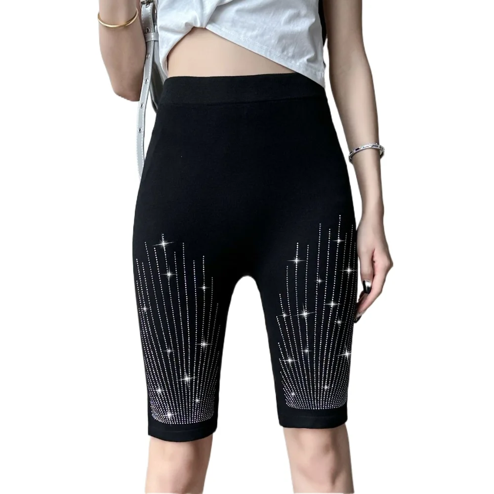 

Black Women Rhinestone Leggings Knee Length Zircon Letter High Waist Yoga Shorts Stretch Trousers Hip Lift Shorts Pants Cycling