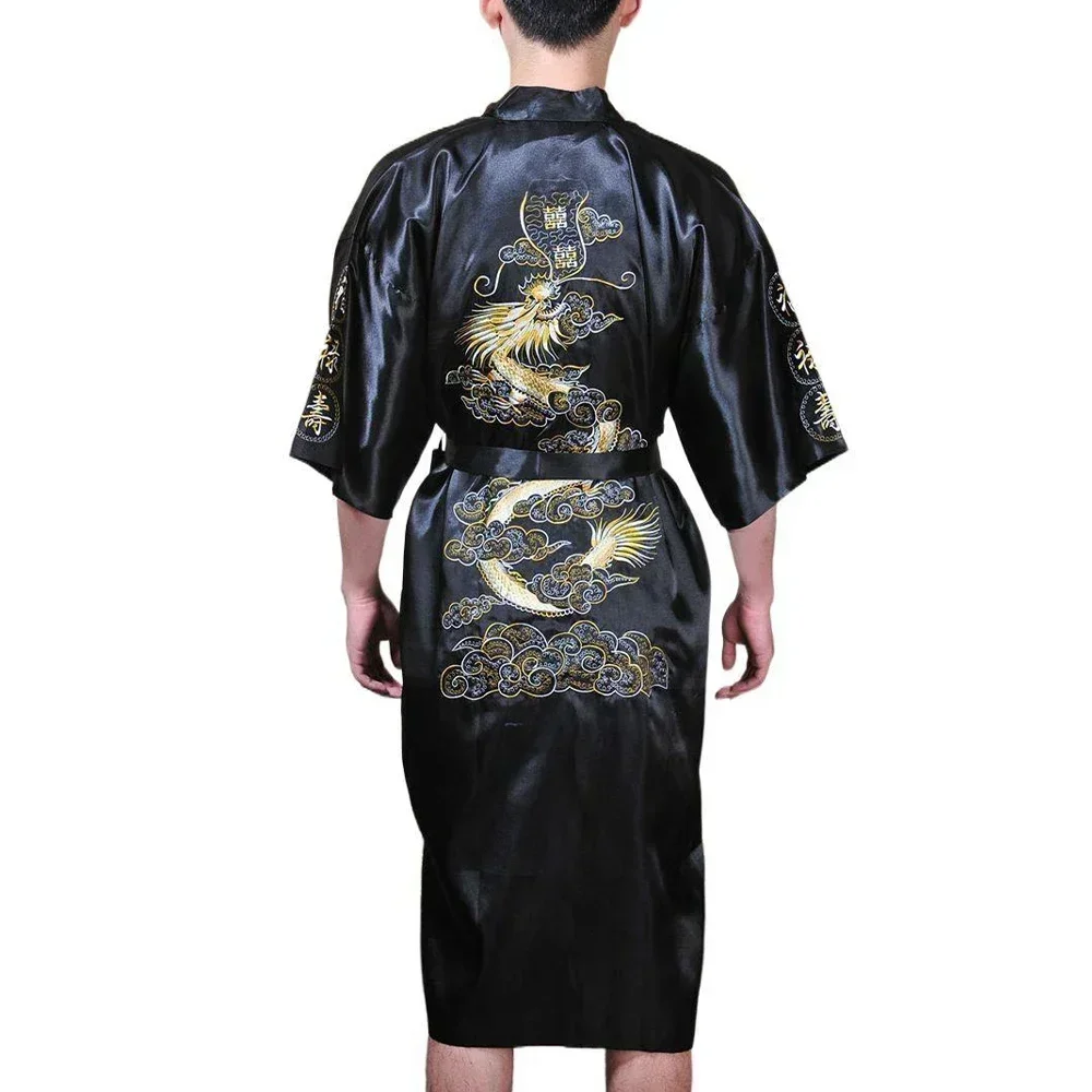 Silk Kimono Bathrobe, Chinese Dragon Design, Men\'s Sleepwear Gown, Satin Fabric, Navy Blue/Red/White/Black/Blue