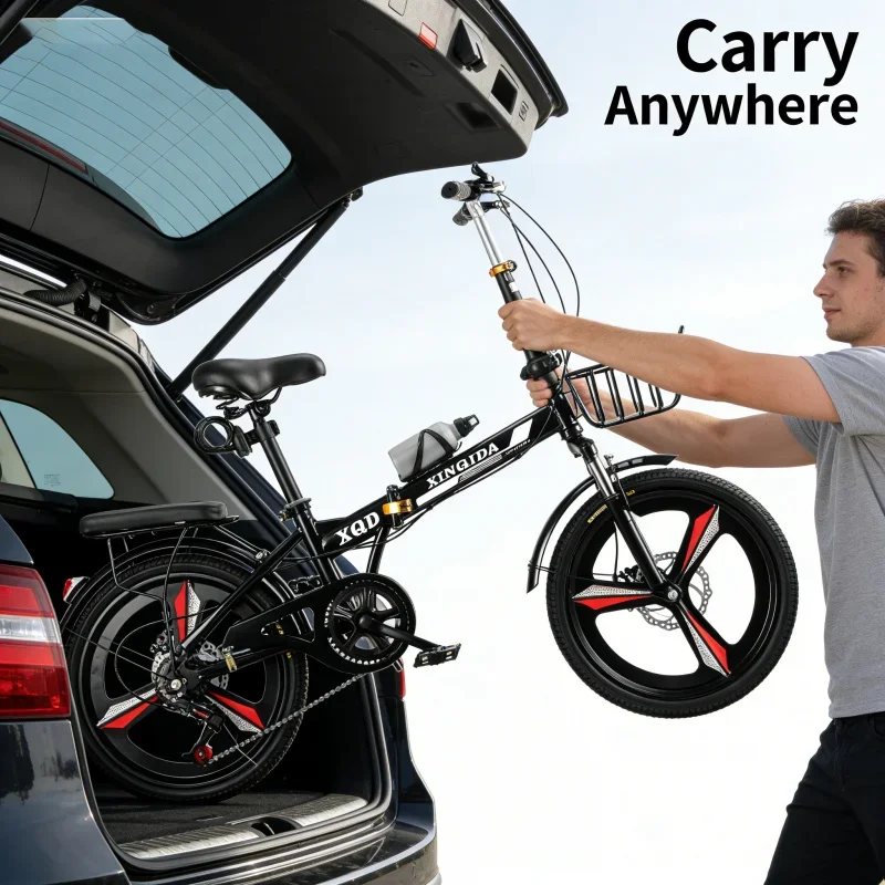 Black Variable Speed Folding Bicycle with Front Shock Absorption Disc Brake Child And Adult Integrated Wheel Installation-Free