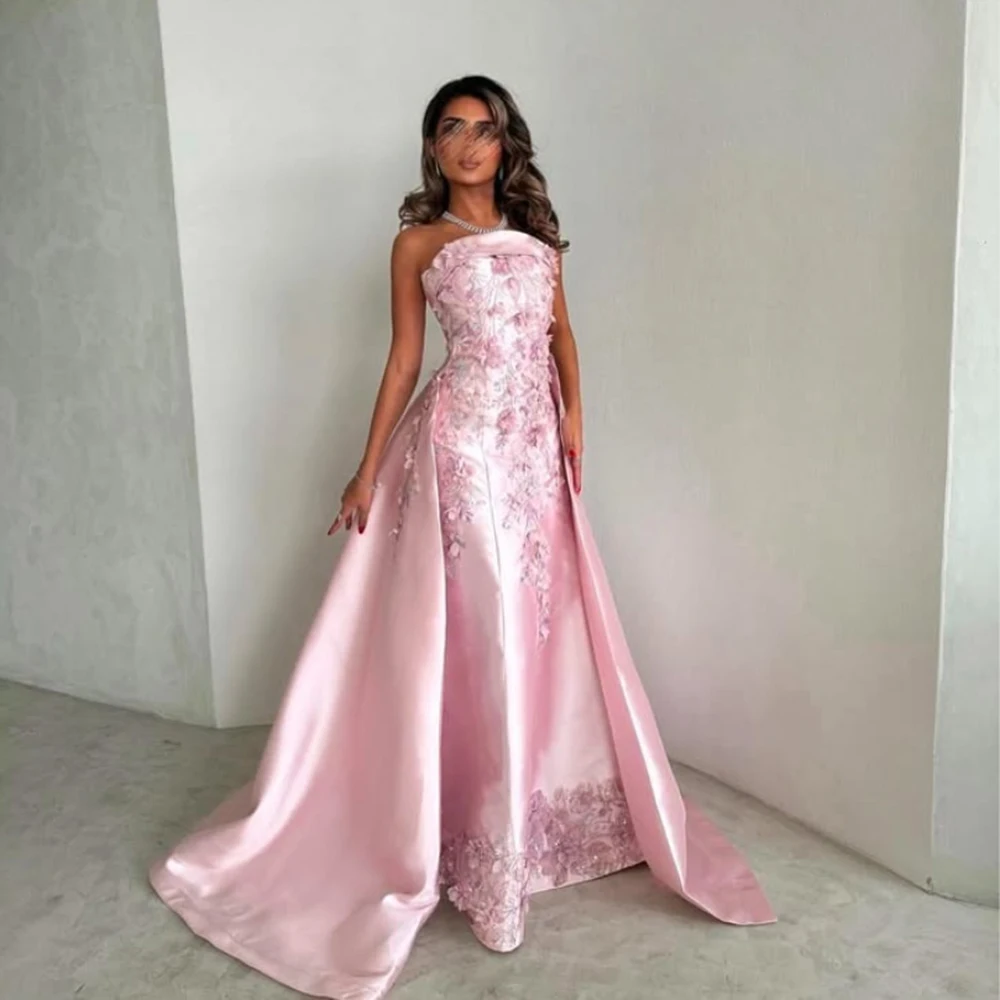 

Customized Pink Strapless Flower Appliques Satin A-line Evening Dresses Sexy Backless Sleeveless Draped Floor Length Party Gowns