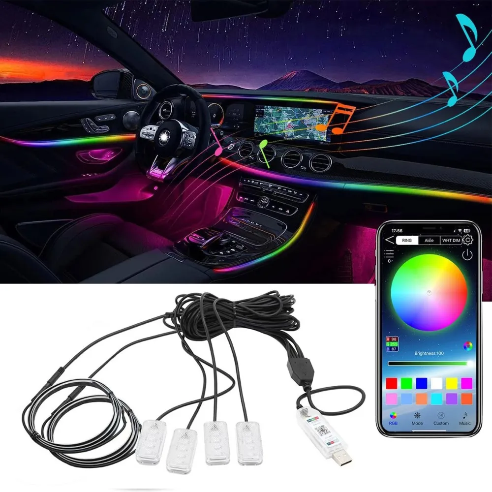 Car Interior Atmosphere Lights 9(6) in 1 RGB Hidden Acrylic Strip Symphony Atmosphere Lamps with APP control DC12V/USB 5V.