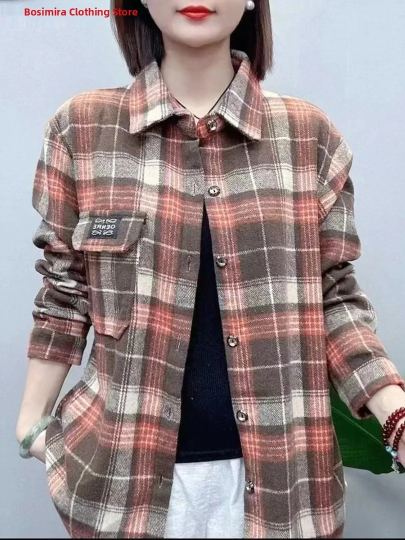 Thickened Plaid Long Sleeve Shirt Women Spring Autumn New Midlife Mom Loose Korean Style Outerwear Cotton Blend  Collar