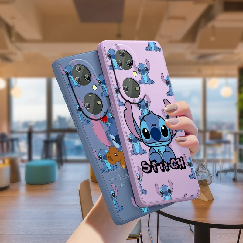 Phone Case For Huawei P50 P40 P30 P20 Pro Lite E Y9S Y9A Y9 Y6 Nova Y70 5T 9 5G Stitch Disney Cute Liquid Rope Cover