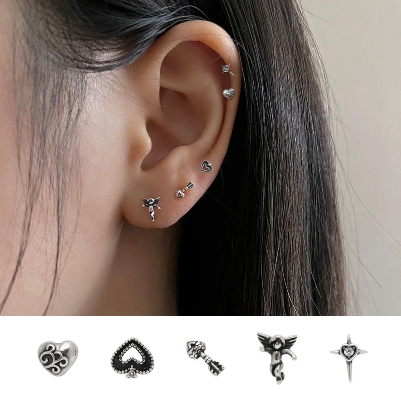 Fashion Boho Antique Silver Color Mini Studs Earrings For Women Girls Vintage Piercing Heart Small Earrings Party Jewelry Gifts