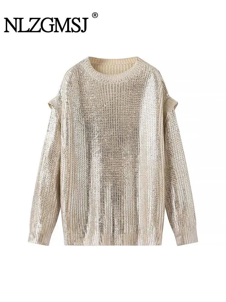 TRAF 2024 Autumn Gold Foil Sweater Women Metallic Knitted Sweaters for Women Luxury Pullovers Long Sleeve Sweater Woman Jerseys