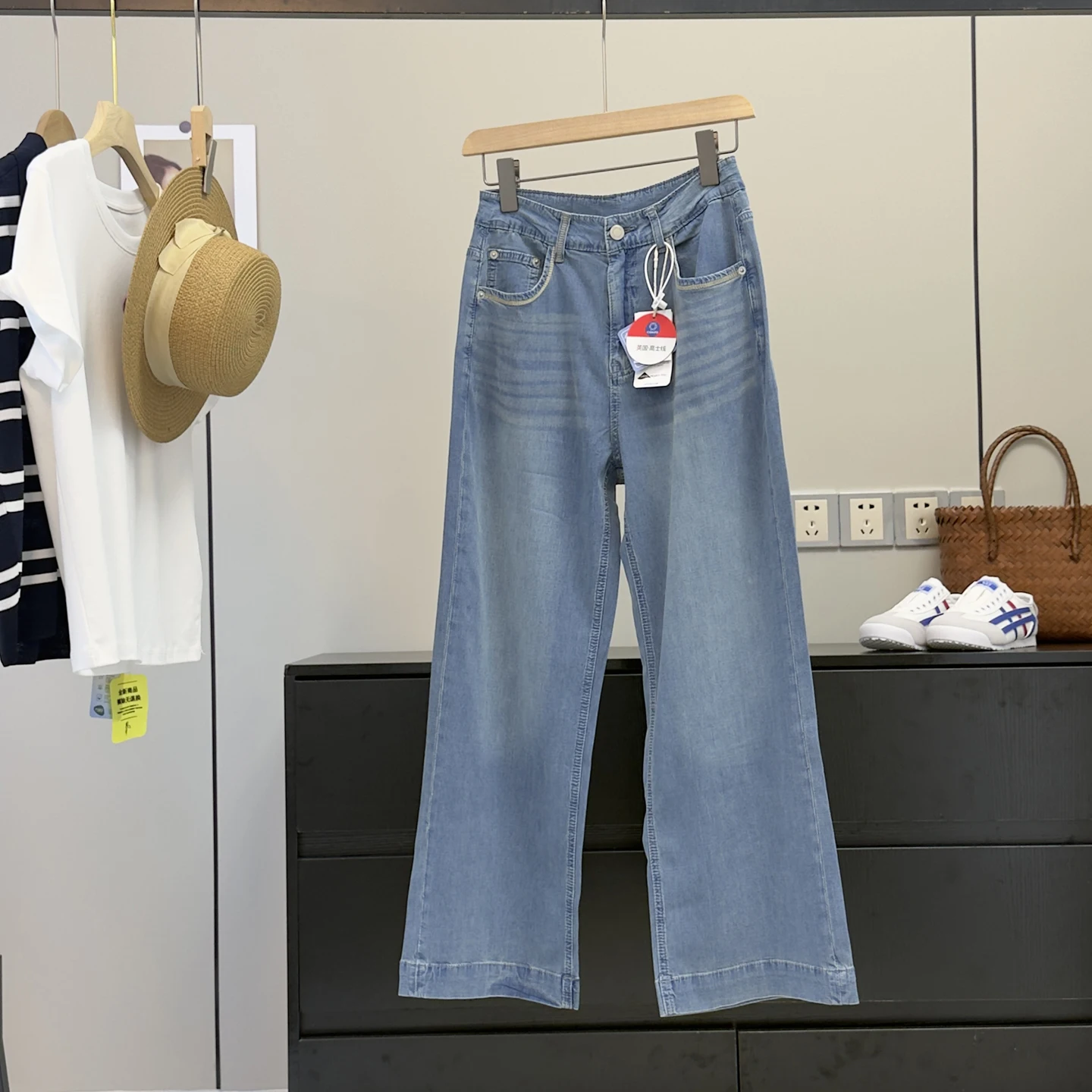 

Retro High Waist Four Way Stretch Thin Breathable Drape Loose Straight Leg Nine Pants Jeans Wide Leg Pants Casual Zipper Sl...