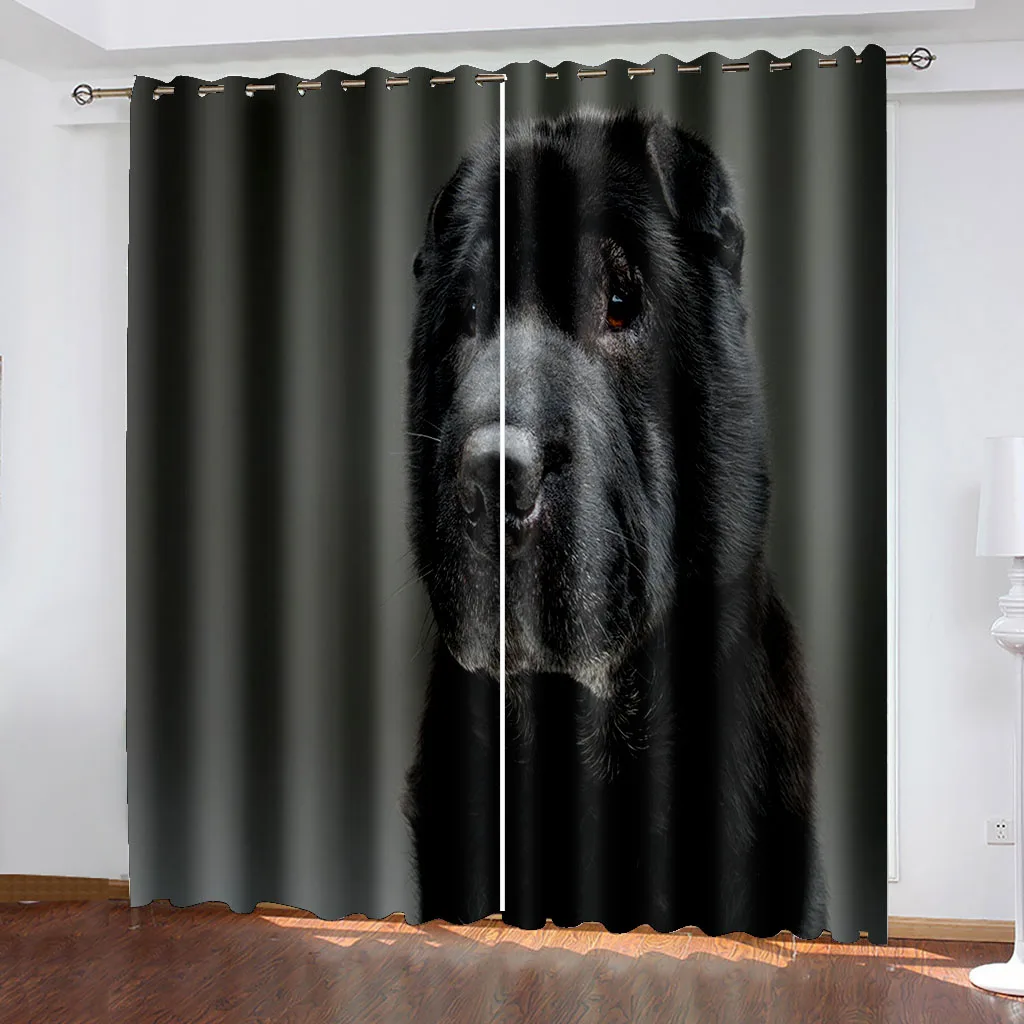 2pc black blackout curtains dog Print Curtain Rod Pocket Mount, Digital Printed Curtains For Living Room Kitchen Bedroom