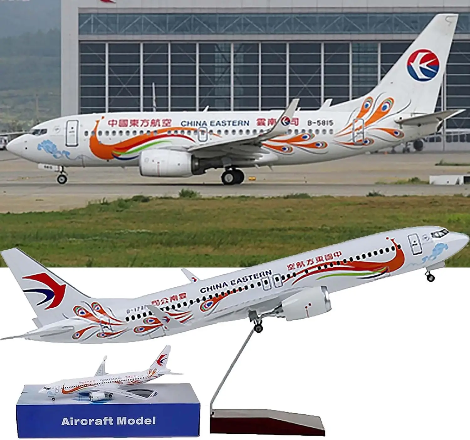 

1/80 China Eastern Airlines Yunnan B737-800 Peacock Sound-Activated Light with Wheels Airplane Resin Plastic Ornament